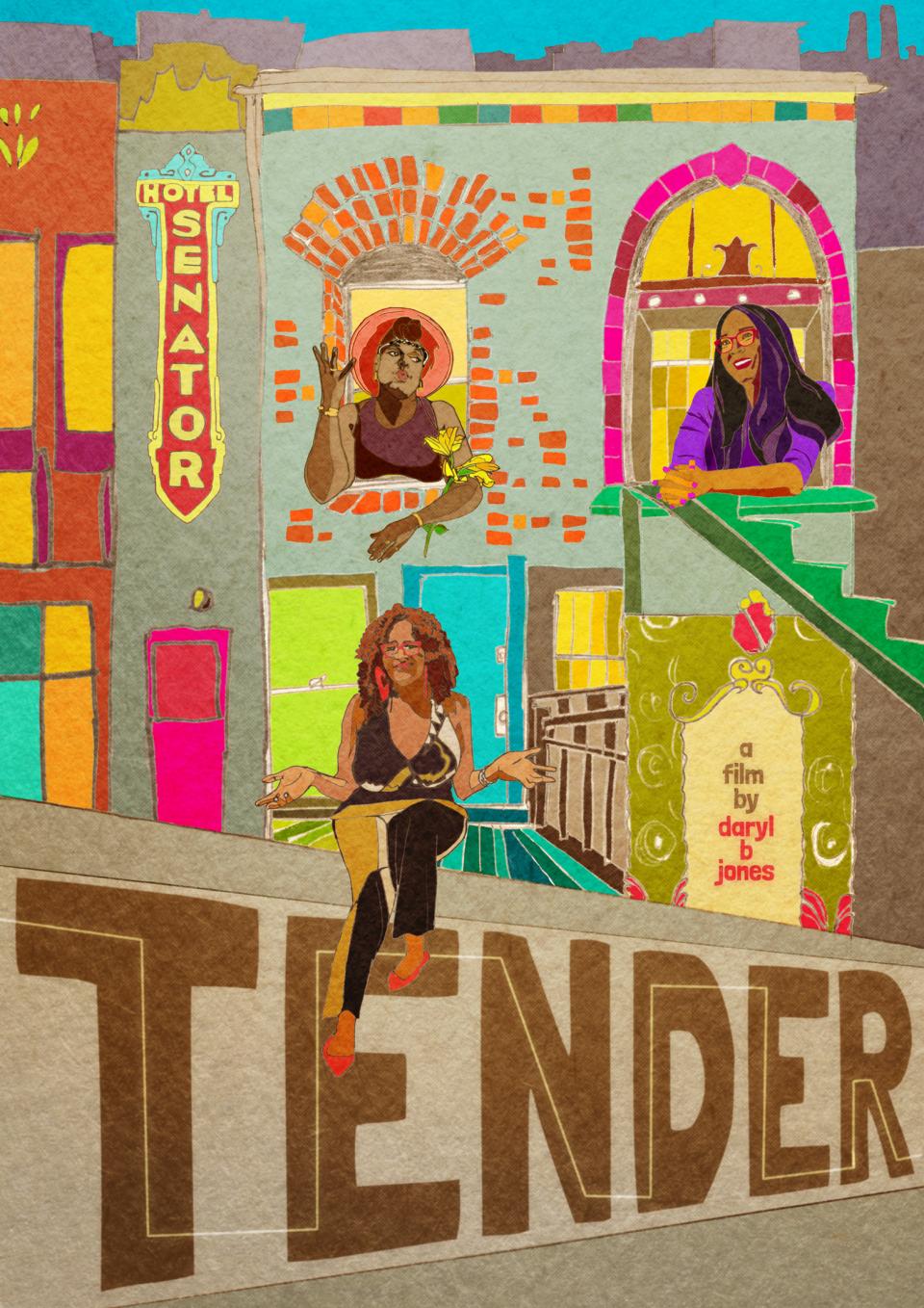 Film poster of three black trans women outside their apartment with the title of the film below them.